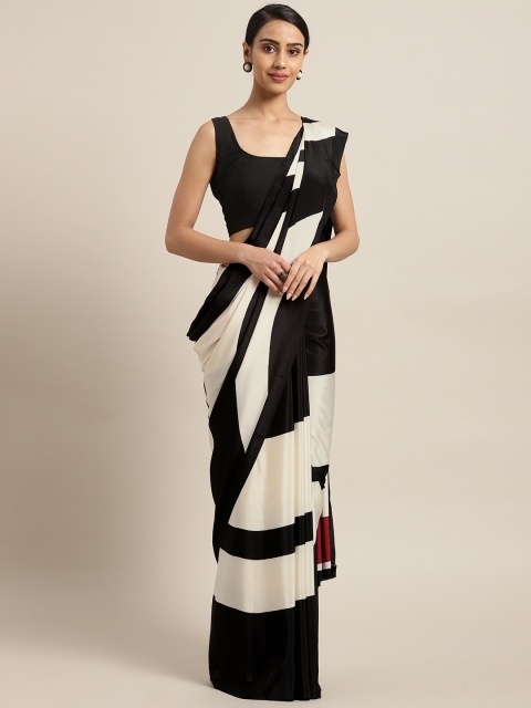 

Kvsfab Cream-Coloured & Black Striped Saree