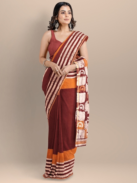 

BharatSthali Rust & Orange Colourblocked Silk Cotton Chanderi Saree