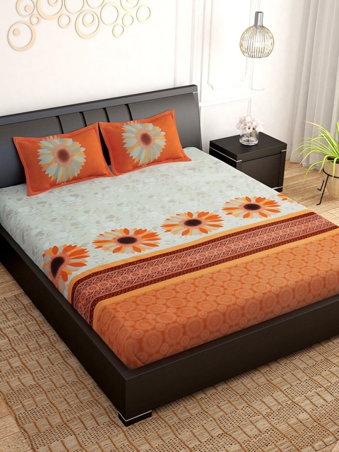 

PAVO White & Orange Floral 210 TC Pure Cotton King Bedsheet with 2 Pillow Covers