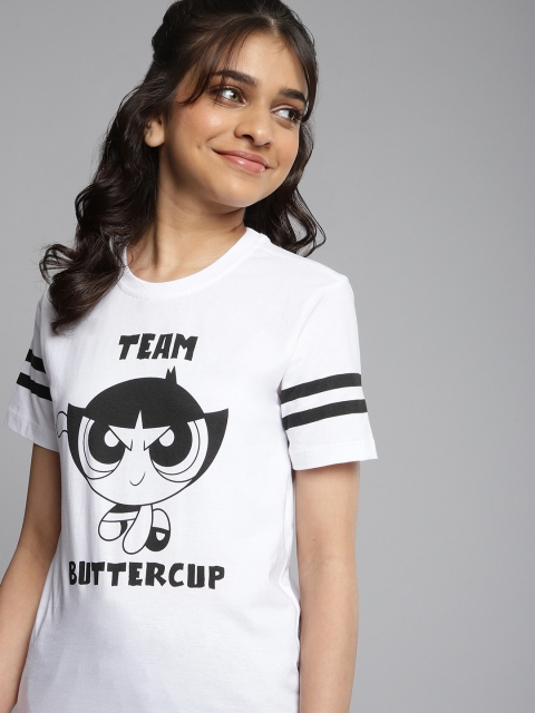 

Powerpuff Girls by Kook N Keech Teens Girls White Black Printed Pure Cotton T-shirt