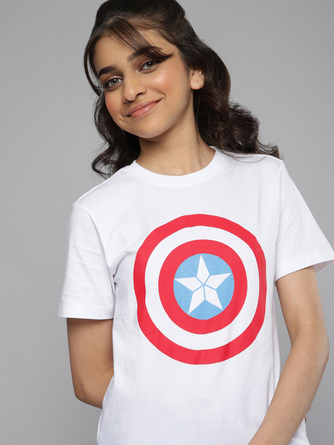 

Kook N Keech Marvel Teens Girls White Captain America Printed Pure Cotton T-shirt