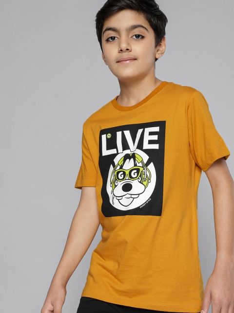 

Kook N Keech Disney Teens Boys Mustard Yellow Black Goofy Printed Pure Cotton T-shirt