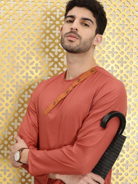 Ode by House of Pataudi Men Coral Red Solid Rozana Kurta