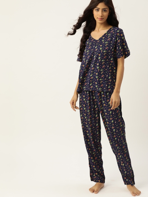 

ETC Women Navy Blue & Yellow Floral Printed Night Suit