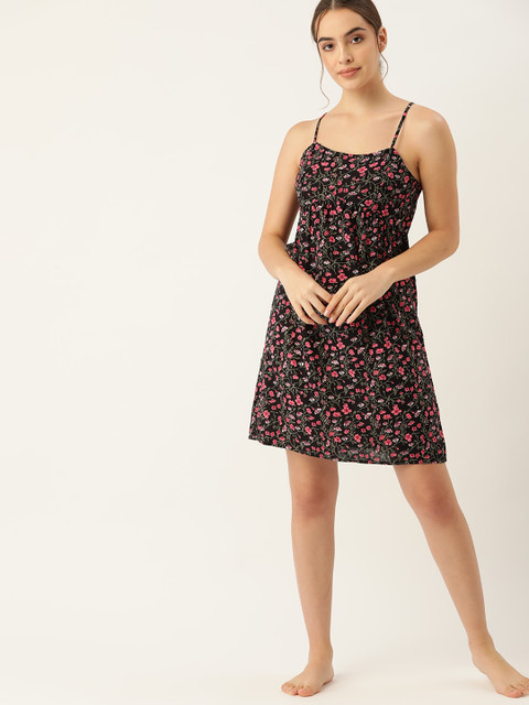 

ETC Women Black & Pink Floral Print Nightdress