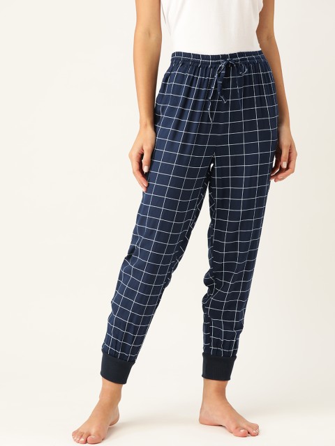 

ETC Women Navy Blue & White Checked Joggers Lounge Pants