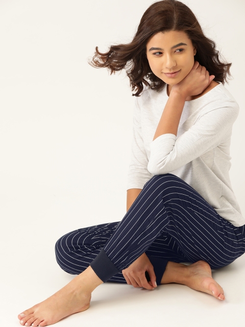 

ETC Women Navy Blue & White Striped Jogger Style Lounge Pants