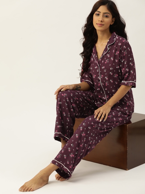 

ETC Women Burgundy & Pink Floral Printed Night suit