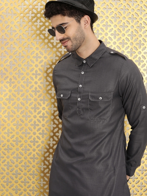 

Ode by House of Pataudi Men Grey Solid Rozana Shirt-Collar Kurta