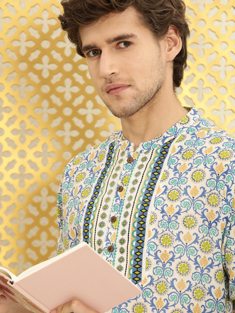 

Ode by House of Pataudi Men Blue & White Printed Pure Cotton Rozana Straight Kurta