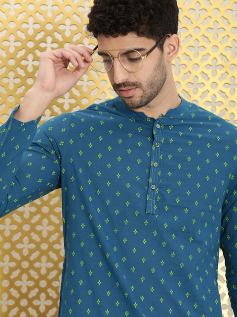

Ode by House of Pataudi Men Blue Printed Rozana Cotton Kurta