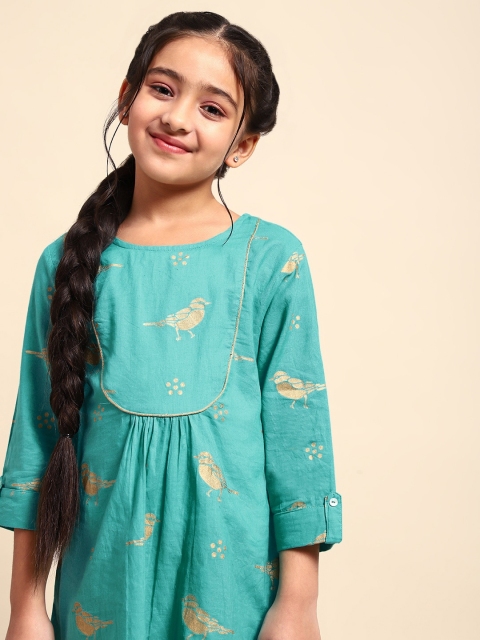 

House of Pataudi Girls Turquoise Blue & Bronze-Toned Quirky Printed Pure Cotton Kurta
