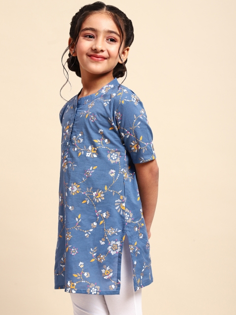 

House of Pataudi Girls Blue Floral Printed Pure Cotton Kurta