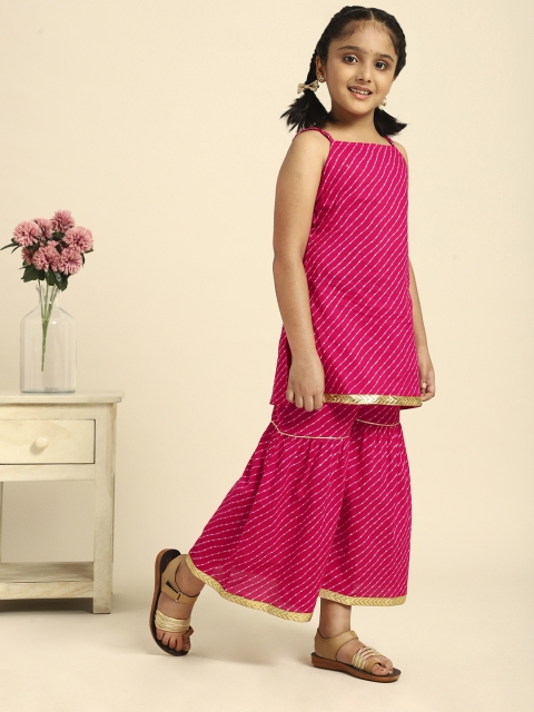 

House of Pataudi Girls Pink Striped Pure Cotton Kurti with Sharara