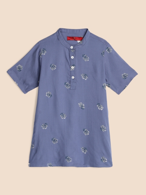 

House of Pataudi Girls Blue Pure Cotton Floral Embroidered Kurta