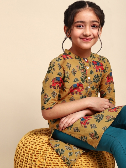 

House of Pataudi Girls Yellow & Green Pure Cotton Printed Kurta