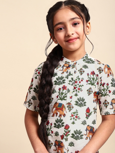 

House of Pataudi Girls Off-White & Green Pure Cotton Printed Kurta