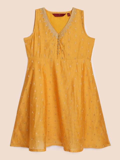 

House of Pataudi Girls Yellow & Gold-Toned Thread Work Self Design Empire Dress