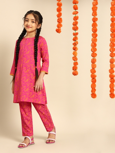 

House of Pataudi Girls Fuchsia Pink Ethnic Motifs Printed Regular Kurta with Salwar