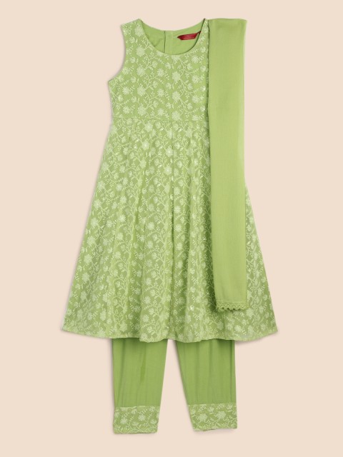 

House of Pataudi Girls Green Embroidered A-Line Chikankari Kurta with Trousers