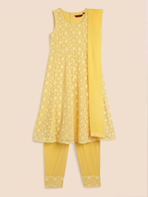 

House of Pataudi Girls Yellow Embroidered Regular Chikankari Kurta with Trousers & With Dupatta