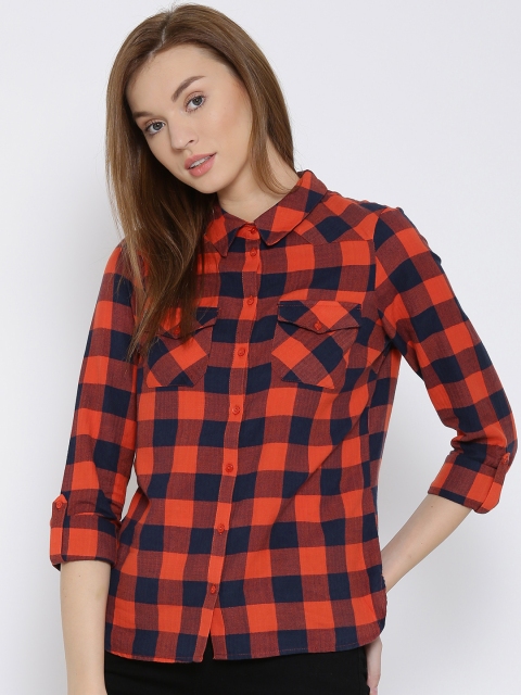 

Vero Moda Navy & Orange Checked Herringbone Casual Shirt, Navy blue