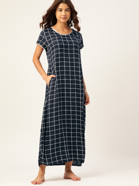 

ETC Women Navy Blue Checked Maxi Nightdress