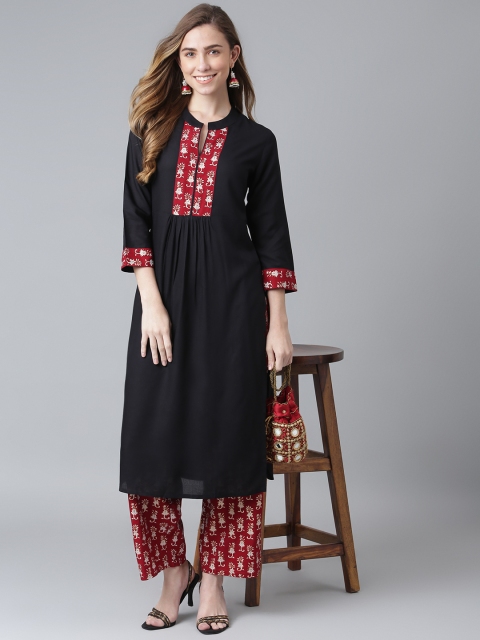 

Khushal K Women Black Ethnic Motifs Yoke Design Panelled Kurta with Trousers