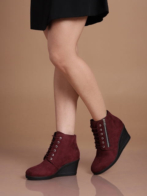 

DressBerry Women Burgundy Suede Finish Mid-Top Heeled Boots