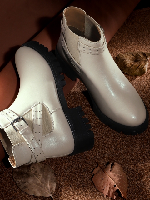 

Roadster Women Cream-Coloured Solid Mid-Top Flat Boots