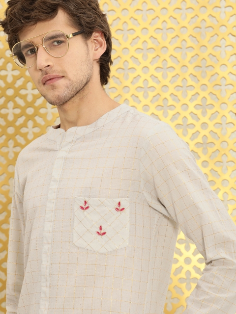 

Ode by House of Pataudi Men Beige Checked Pure Cotton Kurta