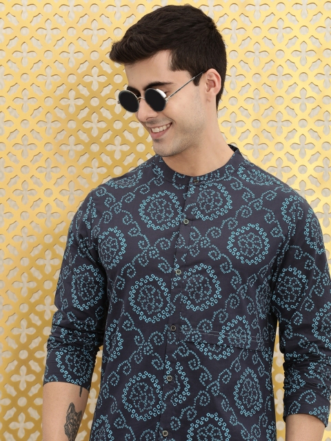 Ode by House of Pataudi Men Blue Ethnic Motifs Printed Kurta