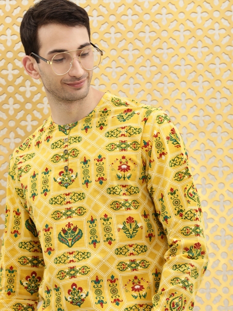 

Ode by House of Pataudi Men Yellow Ethnic Motifs Printed Floral Kurta