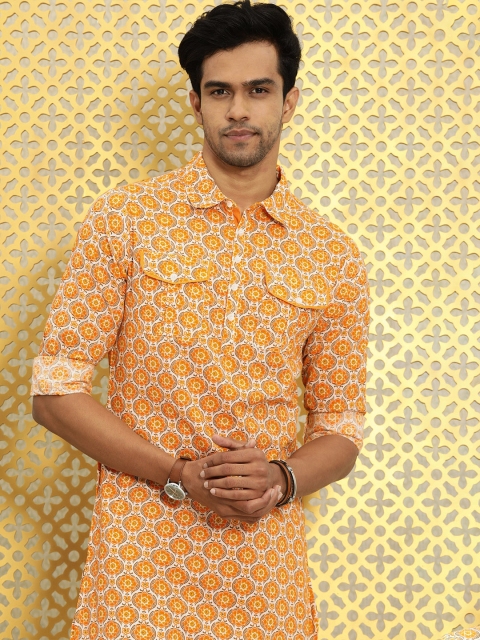 

Ode by House of Pataudi Men Orange & Yellow Ethnic Motifs Printed Rozana Pathani Kurta