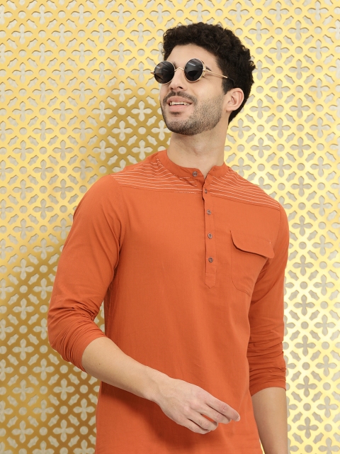 

Ode by House of Pataudi Men Rust Orange Striped Detail Cotton Rozana Straight Kurta