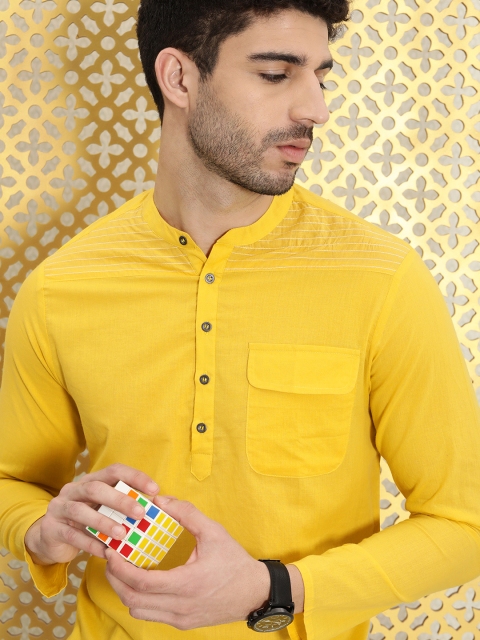

Ode by House of Pataudi Men Yellow Solid Thread Work Rozana Cotton Kurta