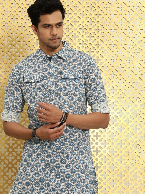 

Ode by House of Pataudi Men Blue & White Ethnic Motifs Printed Rozana Pathani Kurta