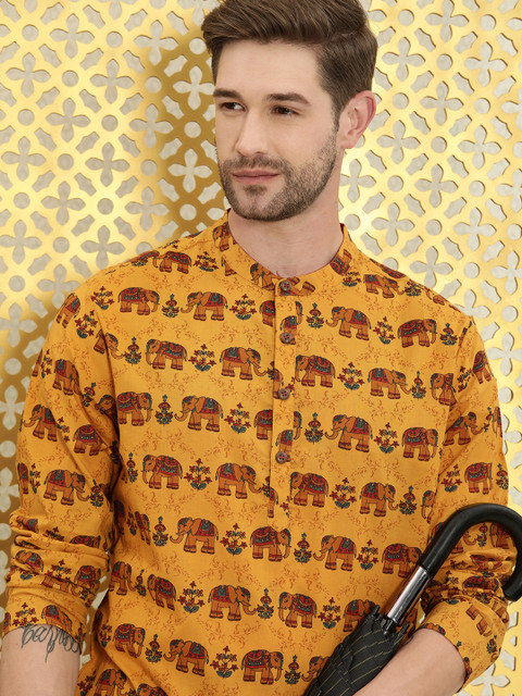 

Ode by House of Pataudi Men Mustard Yellow Quirky Printed Rozana Cotton Kurta