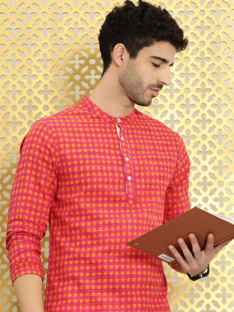 

Ode by House of Pataudi Men Pink & Mustard Yellow Checked Cotton Rozana Straight Kurta