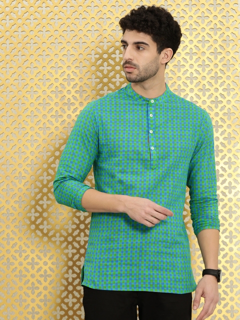 

Ode by House of Pataudi Men Blue & Green Checked Pure Cotton Rozana Straight Kurta