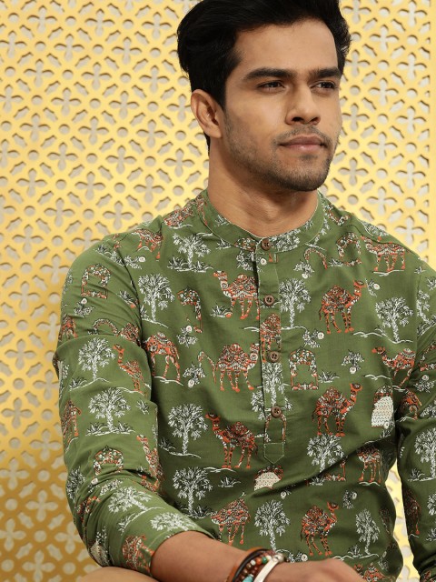 

Ode by House of Pataudi Men Olive Green & Off White Ethnic Motifs Printed Rozana Kurta