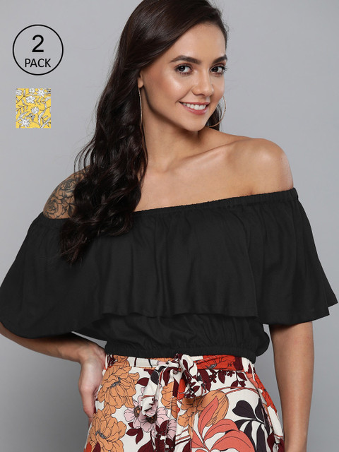 

HERE&NOW Women Black & Yellow Pack of 2 Tops