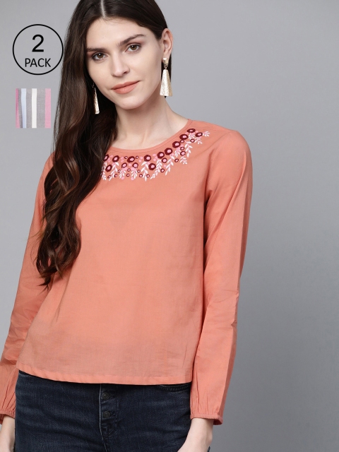 

HERE&NOW Women Peach & Pink Pack of 2 Tops