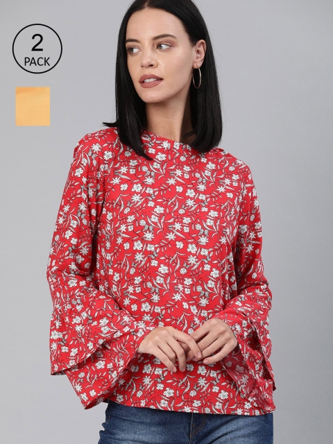 

HERE&NOW Women Red & Mustard Yellow Pack of 2 Tops