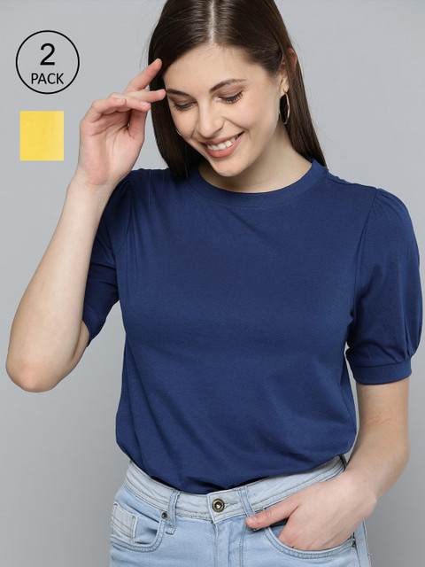 

HERE&NOW Women Navy Blue & Yellow Pack of 2 Tops