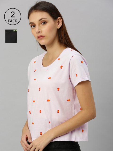 

HERE&NOW Women Lavender & Black Set of 2 Printed T-shirt