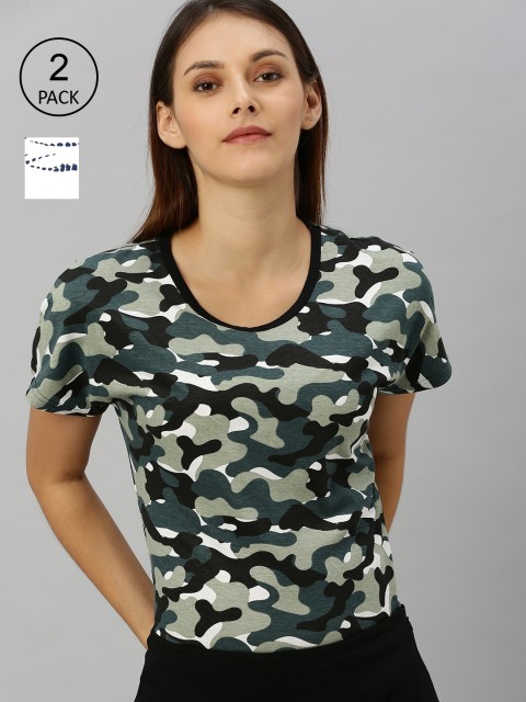 

HERE&NOW Women Pack of 2 Printed Cotton T-Shirt, Multi