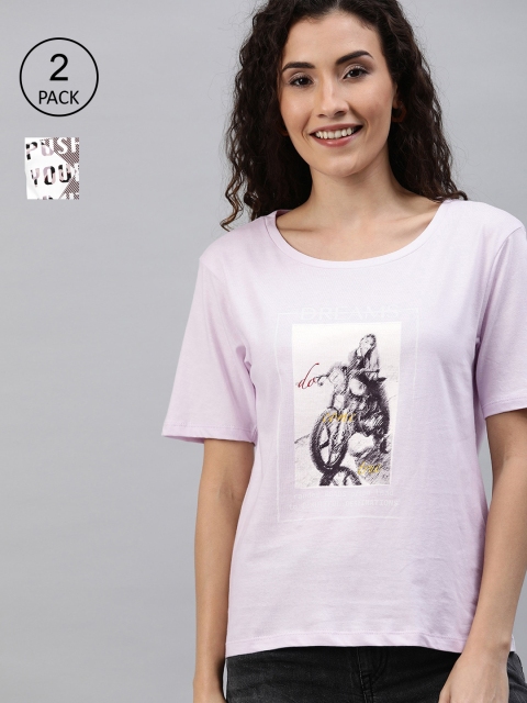 

HERENOW Women Pack of 2 Printed Cotton Tshirts, Lavender