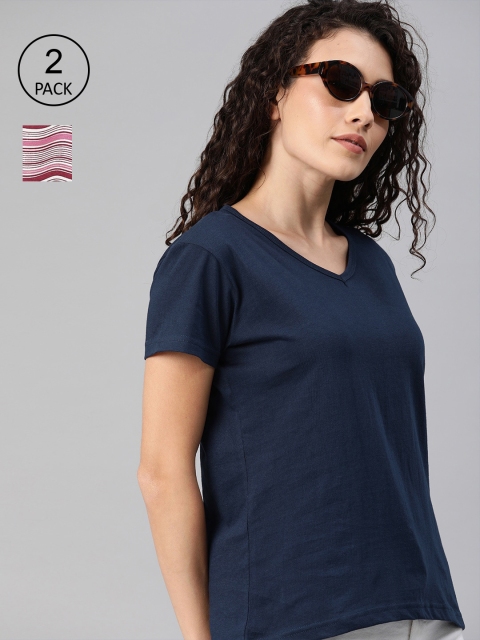 

HERE&NOW Women White & Pink Pack of 2 Striped V-Neck T-shirt
