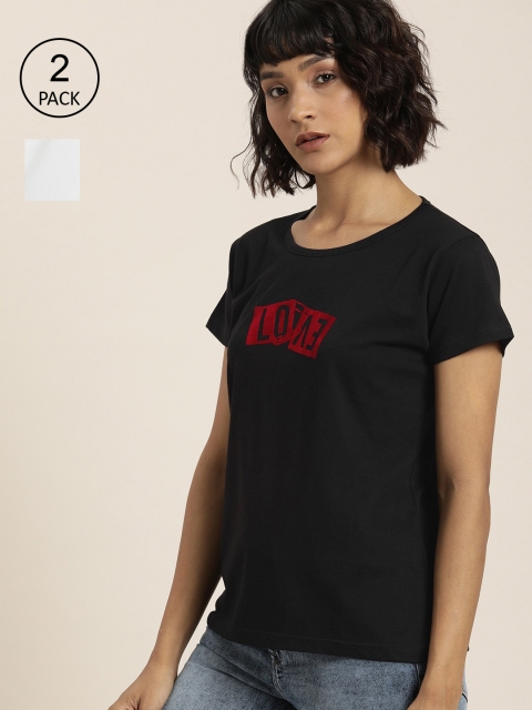 

Moda Rapido Women Pack of 2 White & Black Typography Printed T-shirt